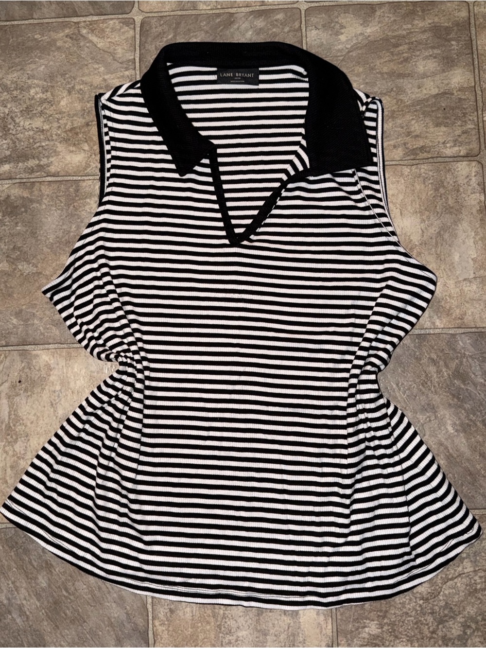 Lane Bryant Black and White Striped Sleeveless Polo Tank